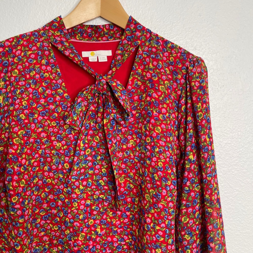 Boden Red Floral Tie Neck Midi Dress Sheer Long Sleeve US 16/18R - Picture 3 of 6